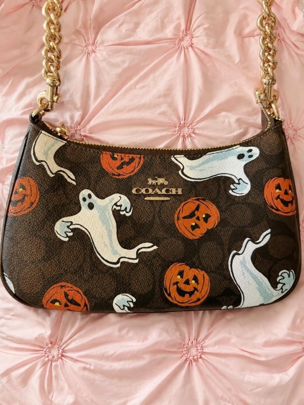 Coach Brown Halloween Ghost & Pumpkin Shoulder Bag with Gold Chain